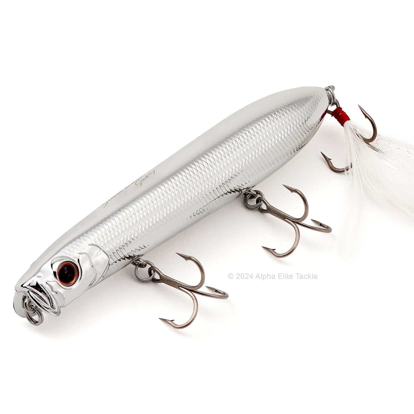 Close up of the Evergreen Showerblows Shorty SB-105 Topwater in the color Full Metal on a white background