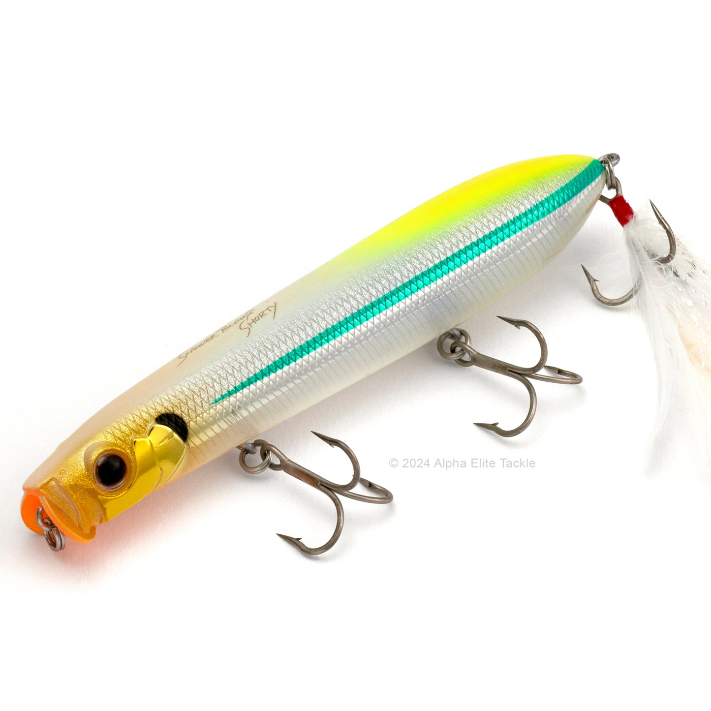 Close up of the Evergreen Showerblows Shorty SB-105 Topwater in the color Secret Ghost Chart on a white background