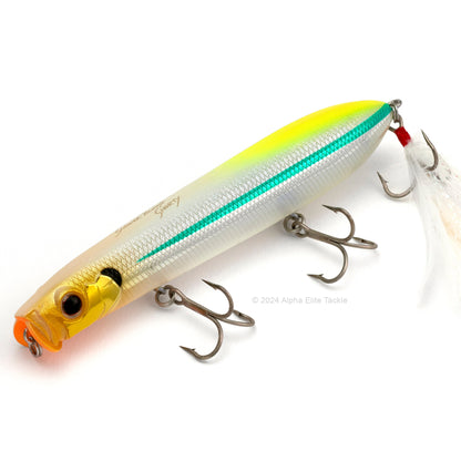 Close up of the Evergreen Showerblows Shorty SB-105 Topwater in the color Secret Ghost Chart on a white background