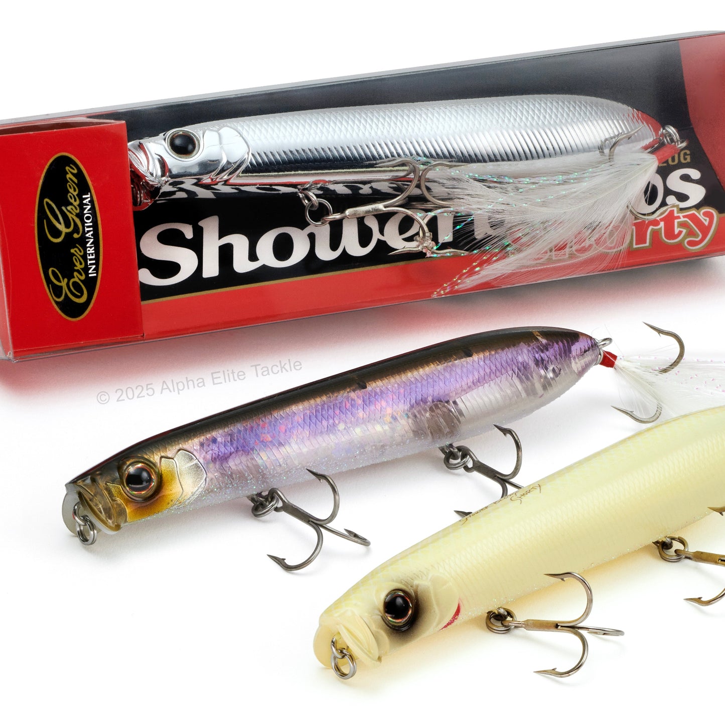 Close up of three Evergreen Showerblows Shorty SB-105 Topwater s with one being in its packaging on a white background