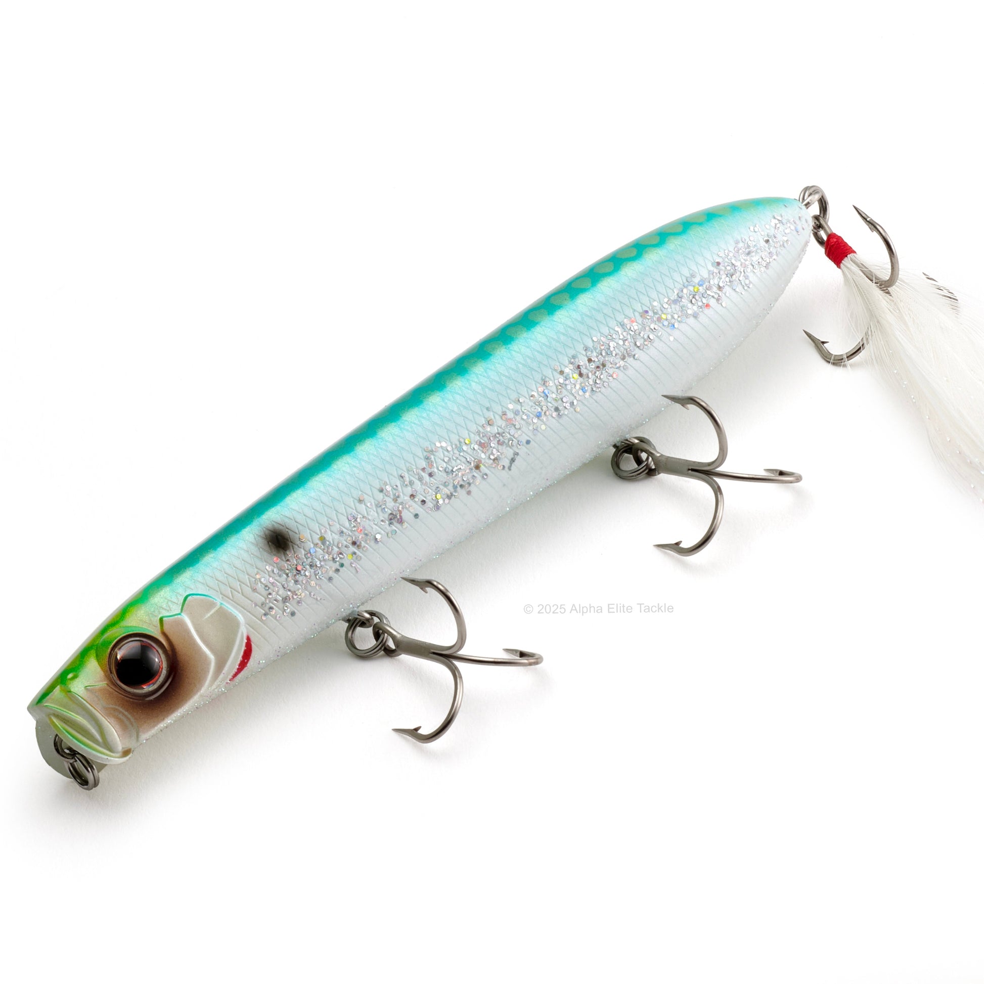Close up of the Evergreen Showerblows SB125 Topwater in the color Emerald Shiner on a white background