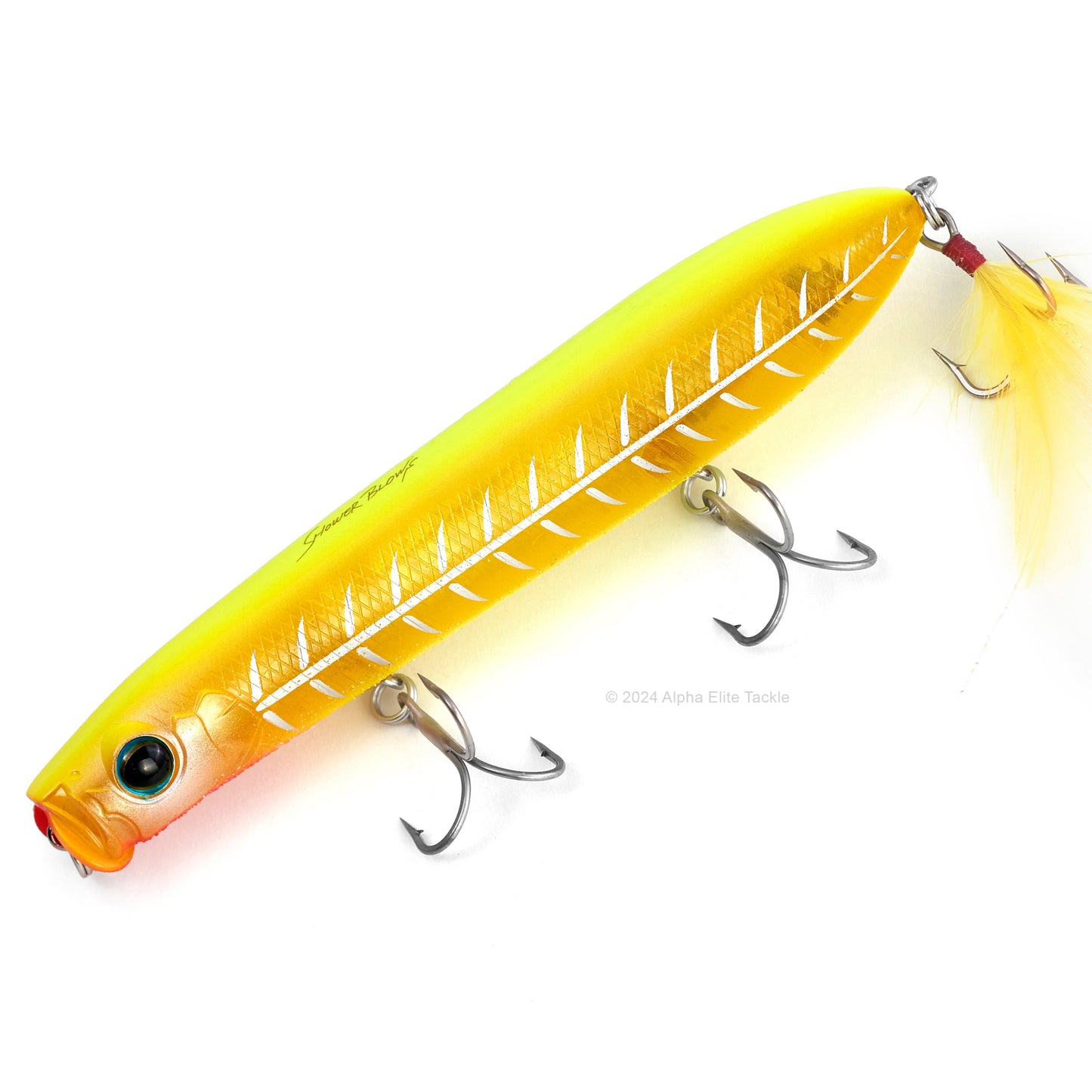 Close up of the Evergreen Showerblows SB125 Topwater in the color Flash Chart on a white background