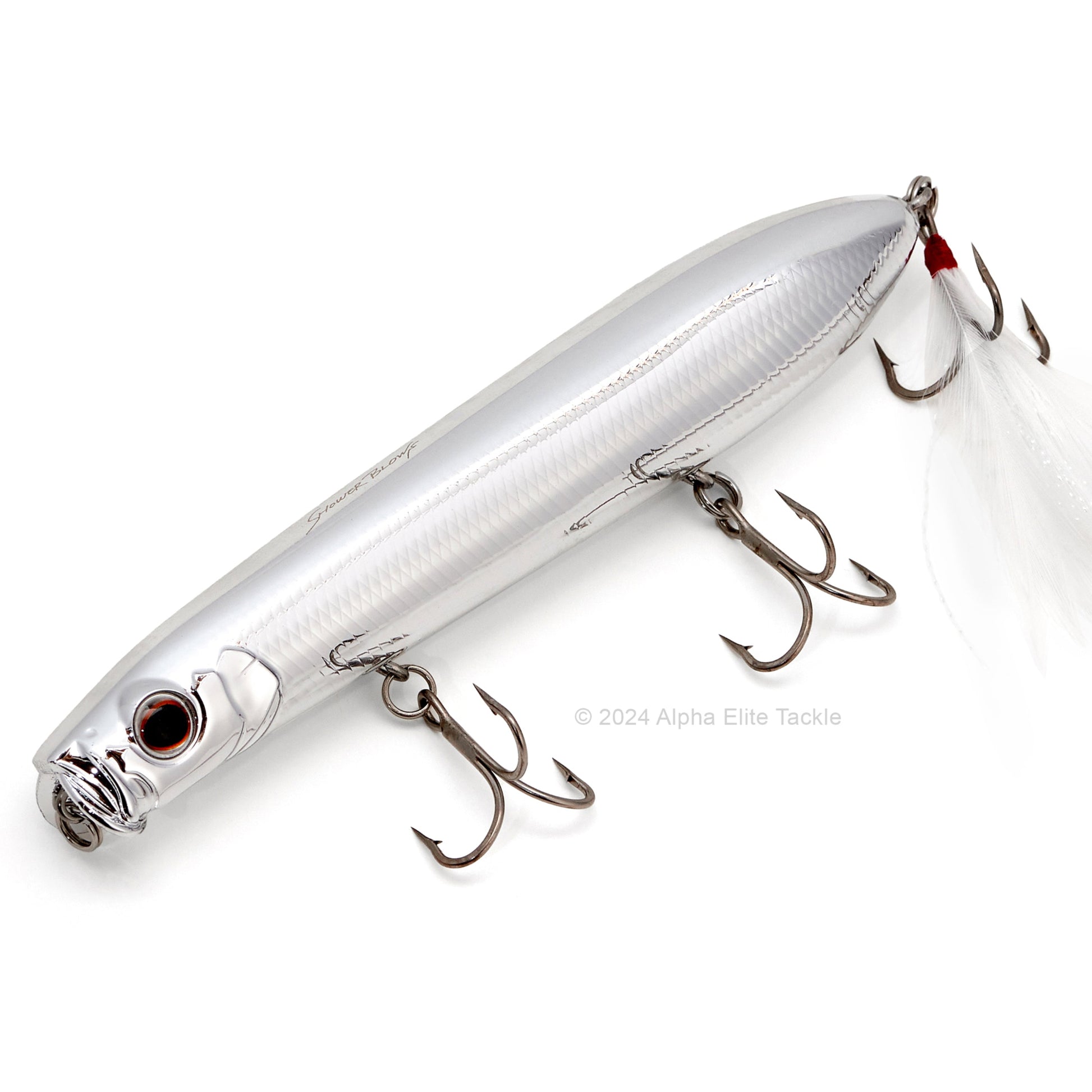 Close up of the Evergreen Showerblows SB125 Topwater in the color Full Metal on a white background