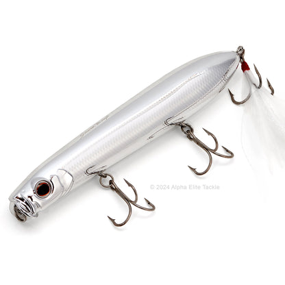 Close up of the Evergreen Showerblows SB125 Topwater in the color Full Metal on a white background