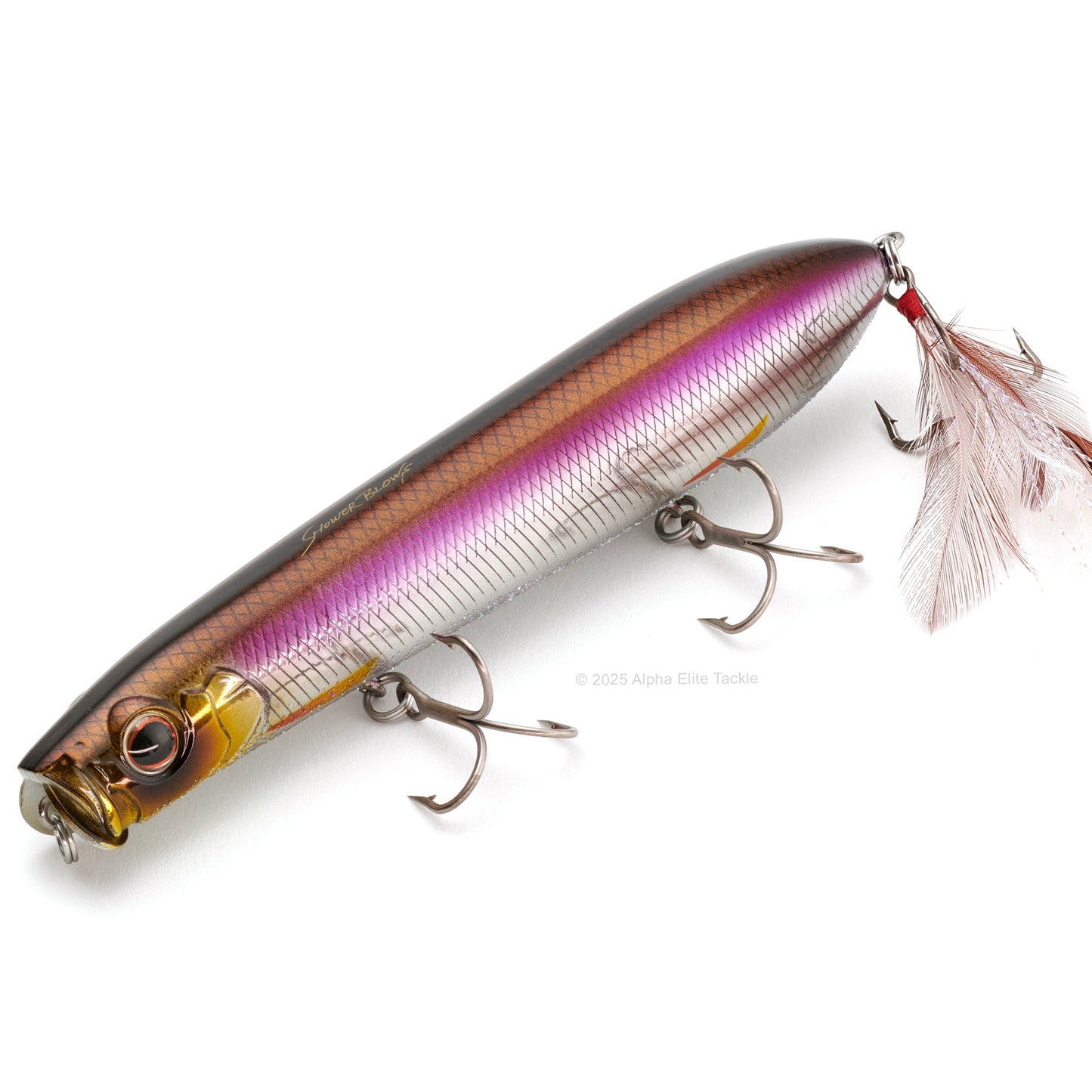 Close up of the Evergreen Showerblows SB125 Topwater in the color Half Mirror Wakasagi on a white background