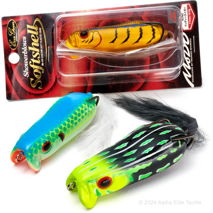 One Evergreen Showerblows Softshell SS 77 Hollow Body Frog in its package and two are out of package.