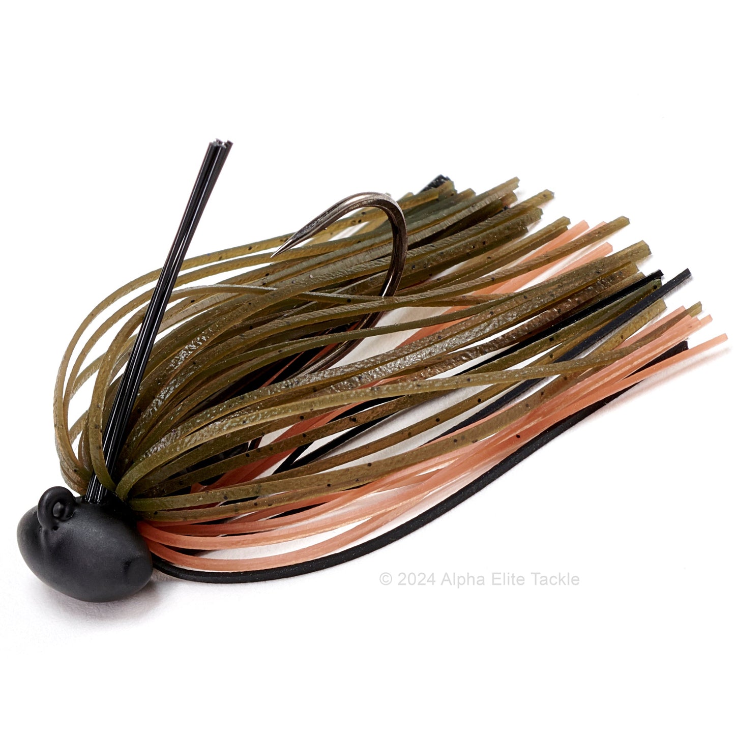 Close up of one Evergreen Tungsten Blow Football Jig in the color camouflage on a white background.