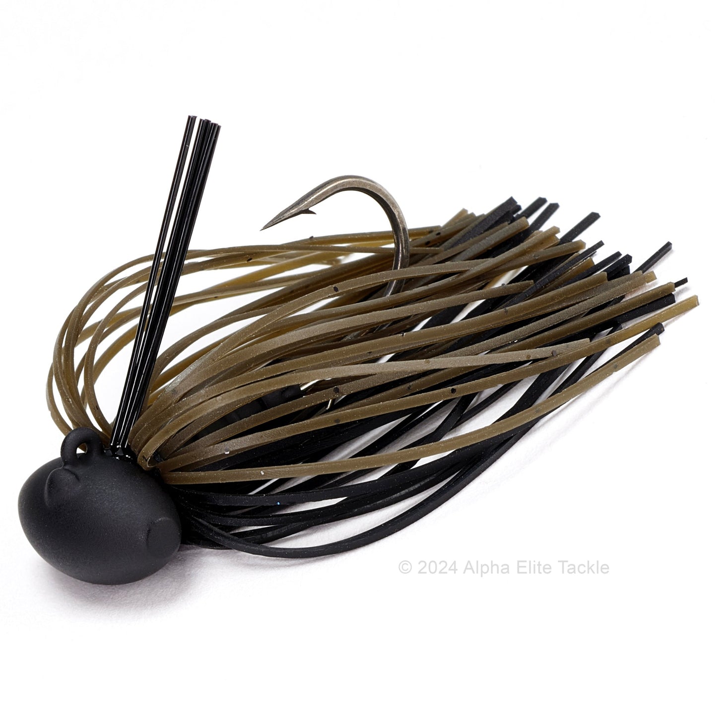 Close up of one Evergreen Tungsten Blow Football Jig in the color Green Pumpkin Black on a white background.