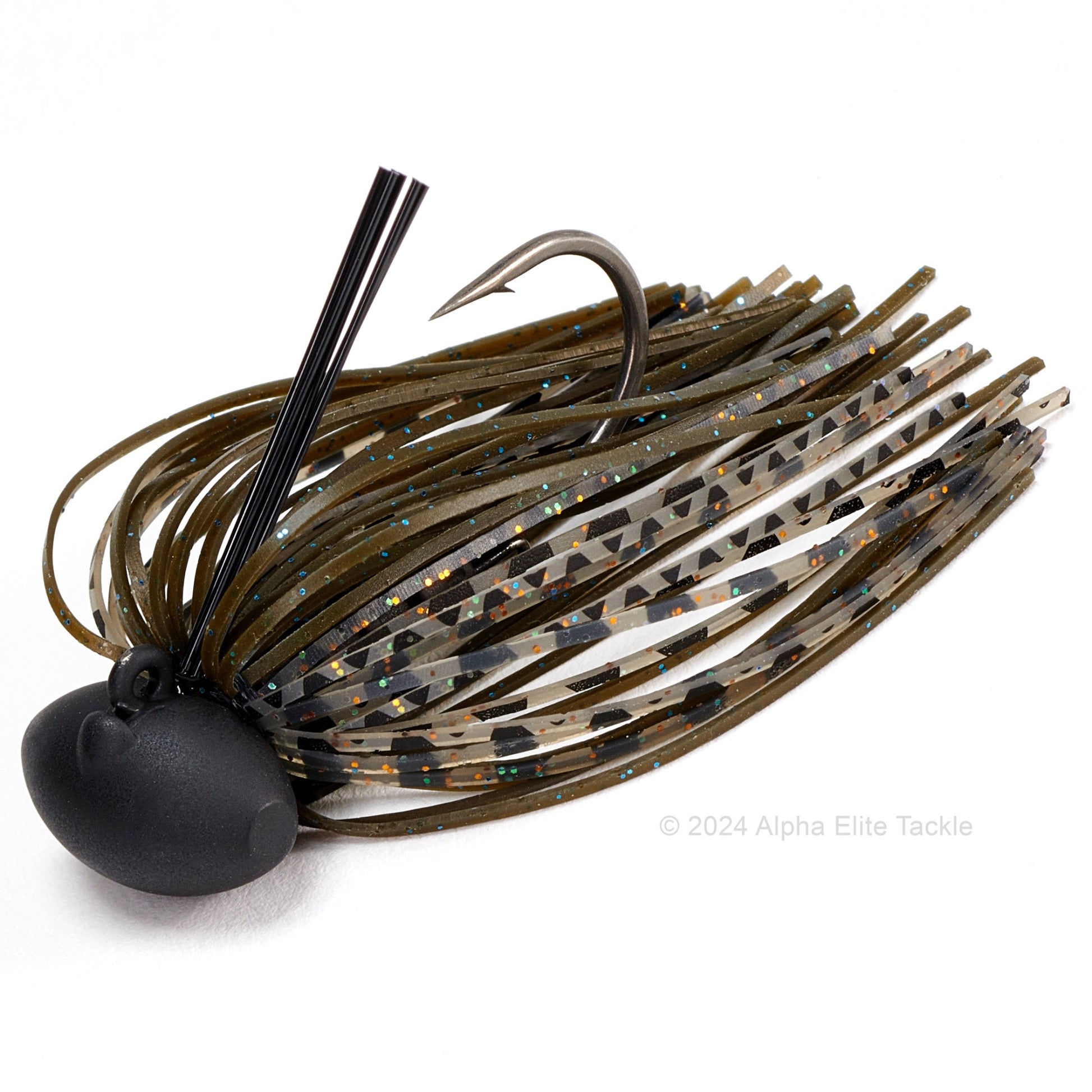 Close up of one Evergreen Tungsten Blow Football Jig in the color Green Pumpkin Blue on a white background.