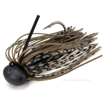 Close up of one Evergreen Tungsten Blow Football Jig in the color Green Pumpkin on a white background.