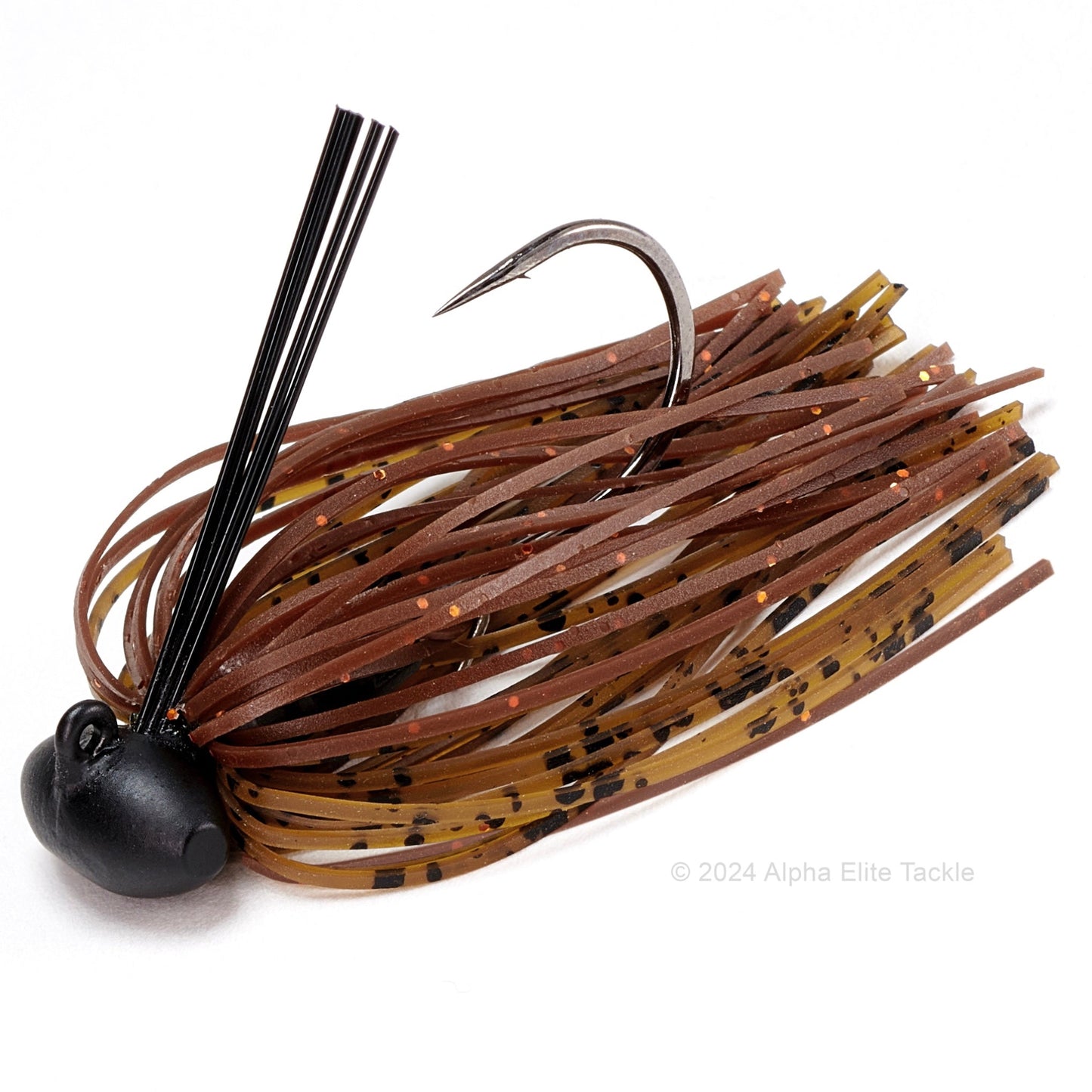 Close up of one Evergreen Tungsten Blow Football Jig in the color Muddy Craw on a white background.