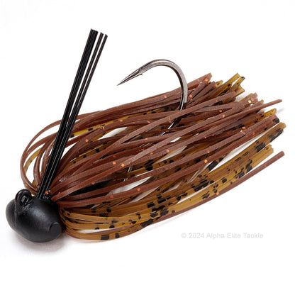 Close up of one Evergreen Tungsten Blow Football Jig in the color Muddy Craw on a white background.