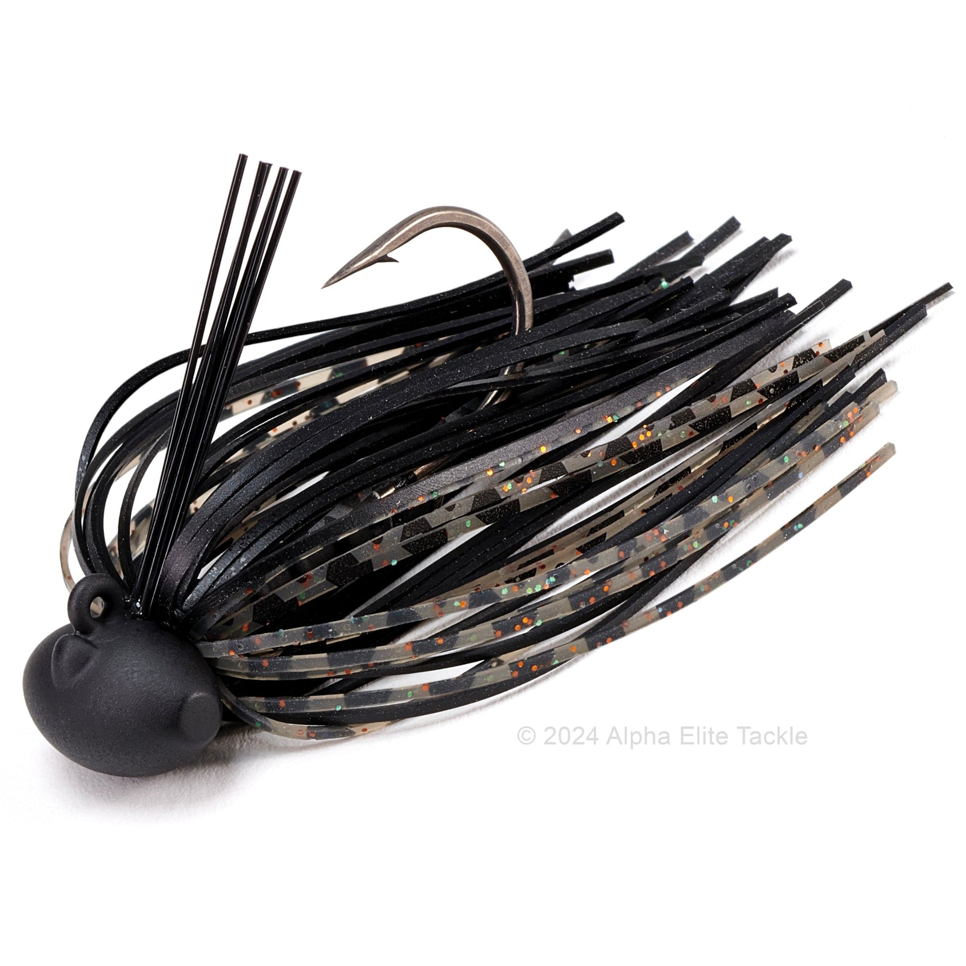 Close up of one Evergreen Tungsten Blow Football Jig in the color Secret Black on a white background.