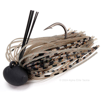 Close up of one Evergreen Tungsten Blow Football Jig in the color Secret Smoke on a white background.