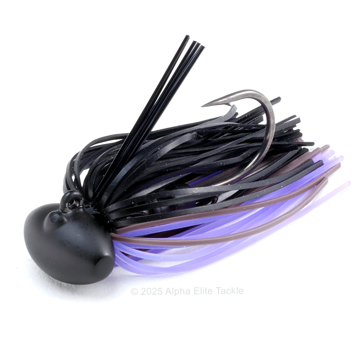 Fishing lure with black and purple details on a white background