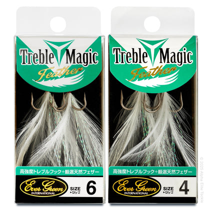 Close up of two packages of the Evergreen Treble Magic Feather Hook on a white background