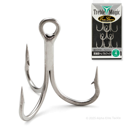 Close up of one Evergreen Treble Magic hook and it's packaging on a white background