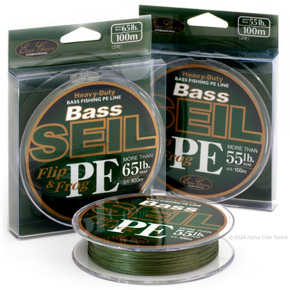 Evergreen Bass SEIL Flip and Frog PEx8 Braid Fishing line package and spool on white background