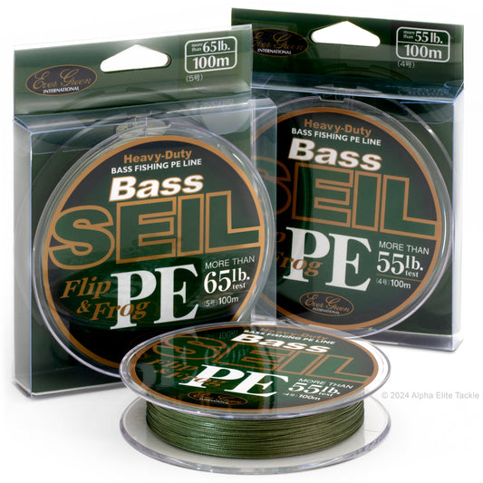 Evergreen Bass SEIL Flip and Frog PEx8 Braid Fishing line package and spool on white background