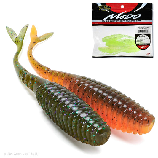 Two soft plastic lures shaped like a fish in the colors green pumpkin candy and orange craw on a white background.  It's packaging is in the upper right corner.