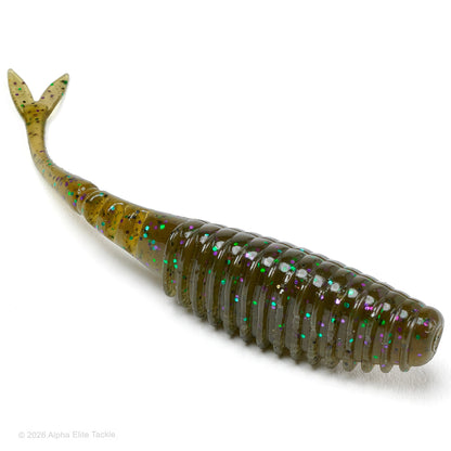 A green pumpkin with purple and green flake soft plastic fishing lure in the shape of a fish with a ribbed body and split tail, photographed on a clean white background.