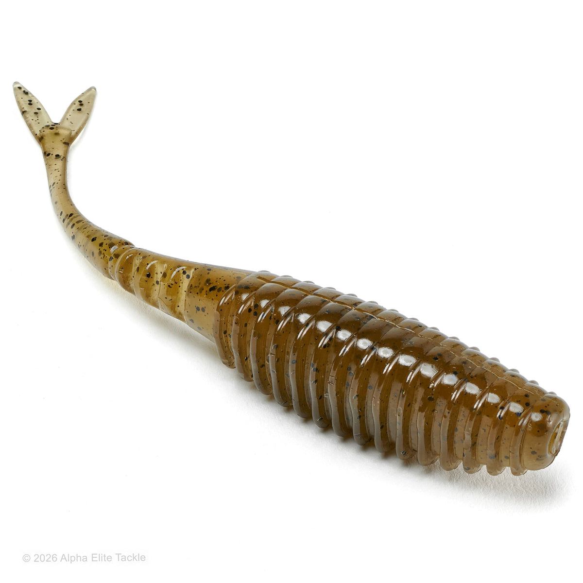 A green pumpkin with black flake soft plastic fishing lure in the shape of a fish with a ribbed body and split tail, photographed on a clean white background.