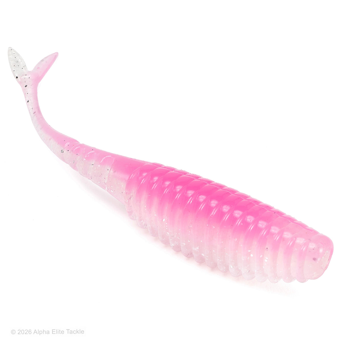A pink and clear glitter soft plastic swimbait lure with a ribbed body and a split tail, shown on a white background.