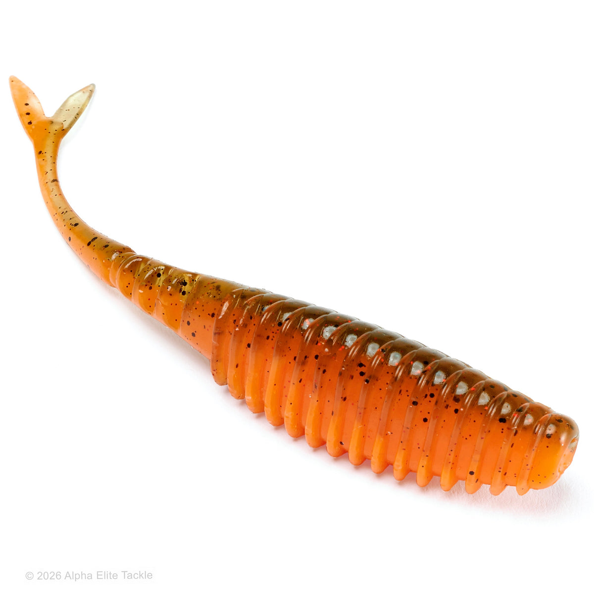 An transparent dark orange with black flake soft plastic fishing lure in the shape of a fish with a ribbed body and split tail, photographed on a clean white background.