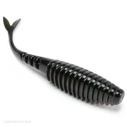A solid black soft plastic fishing lure in the shape of a fish with a ribbed body and split tail, photographed on a clean white background.
