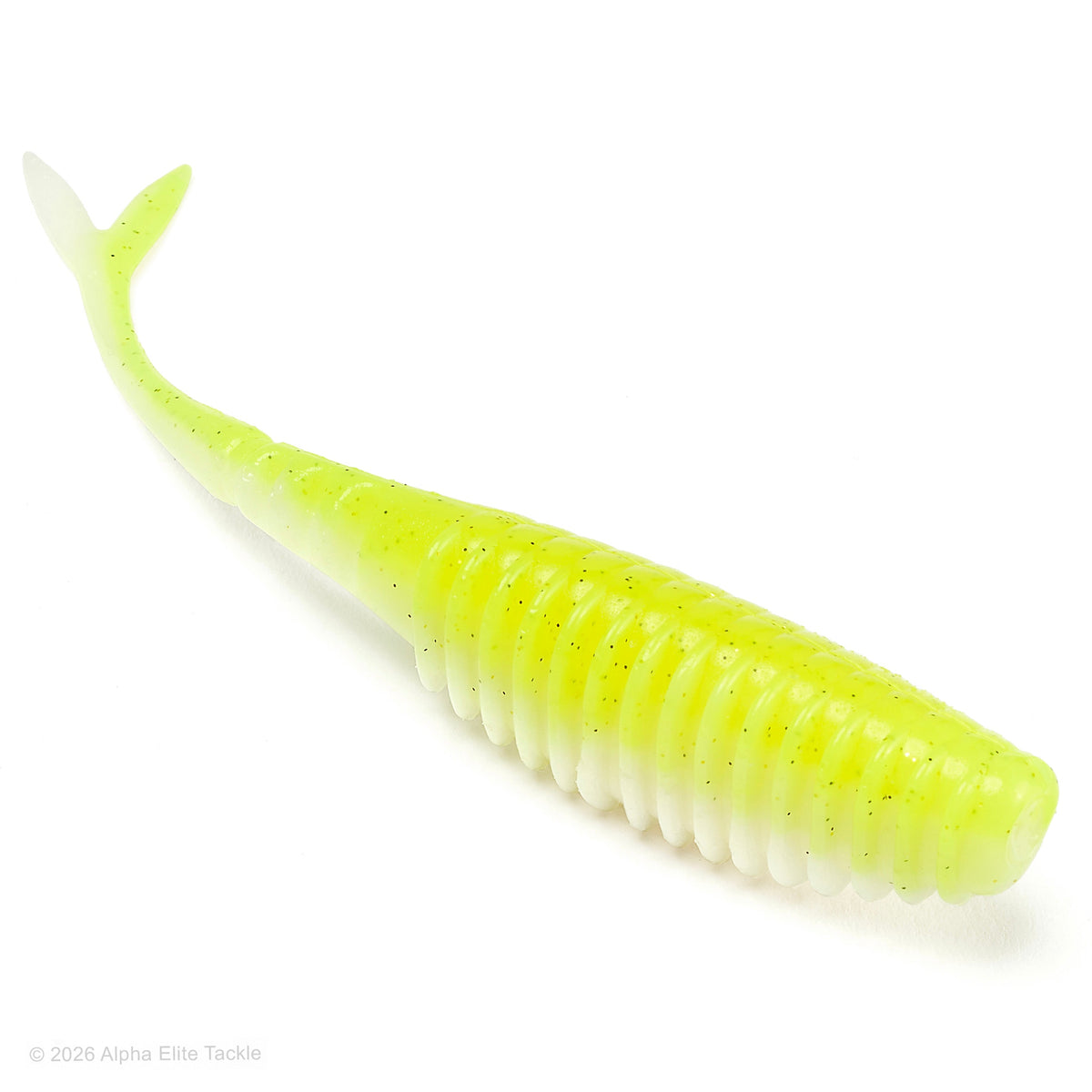 A soft plastic fishing lure shaped like a small ribbed fish, shown on a clean white background. The lure has a bright chartreuse yellow top with fine dark glitter and a translucent white belly.