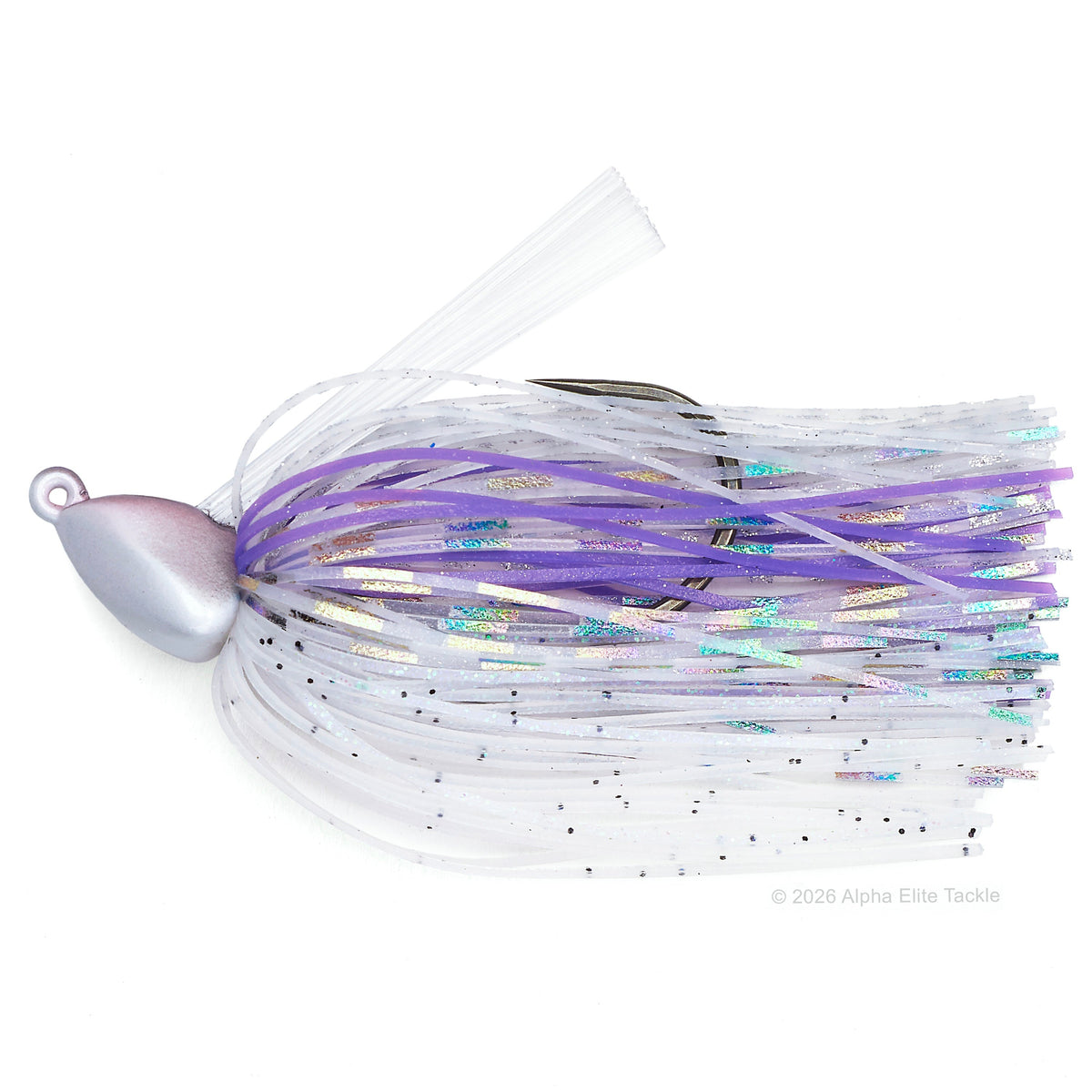 A white and purple jig fishing lure with iridescent glitter strands, a metallic purple and white head shown on a white background.