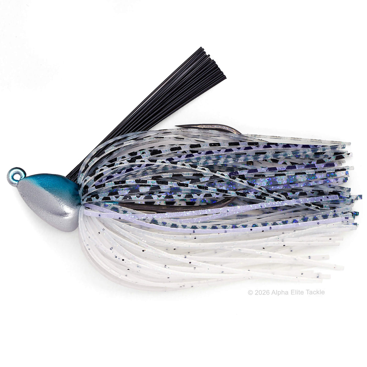 A fishing jig lure with a metallic blue and silver head, black skirt strands, and a skirt made of clear, white, and blue glittery material, shown on a white background.