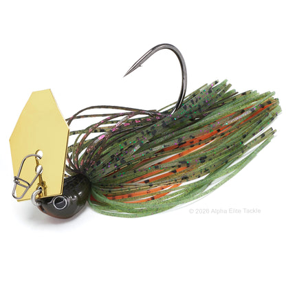 Evergreen Jack Hammer with a gold blade and a green and orange skirt with black flake