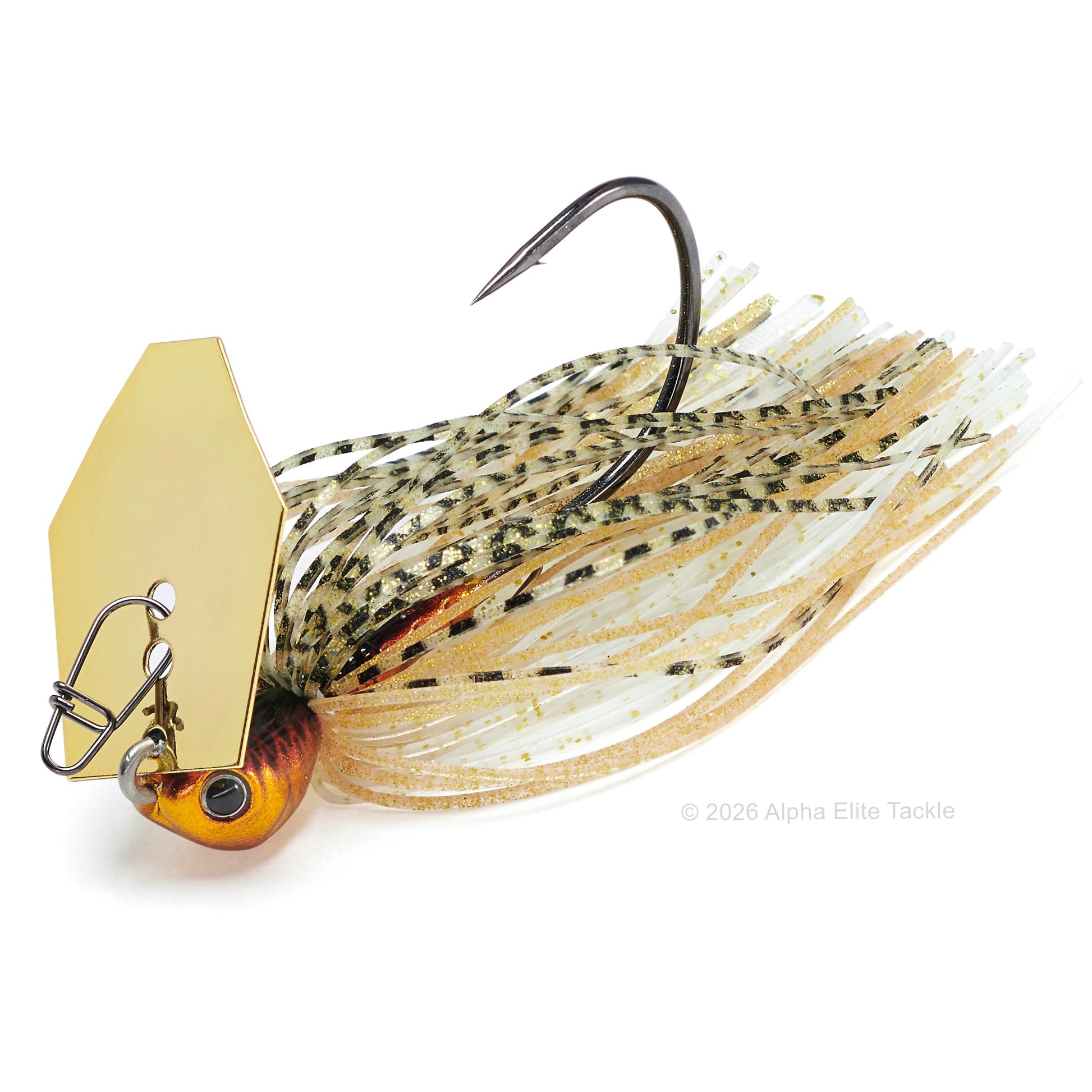 Evergreen Jack Hammer bladed jig with gold blade and gold and white skirt with flake