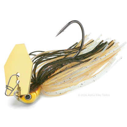 Evergreen Jack Hammer Bladed Jig with gold blade and green pumpkin, gold and white skirt.