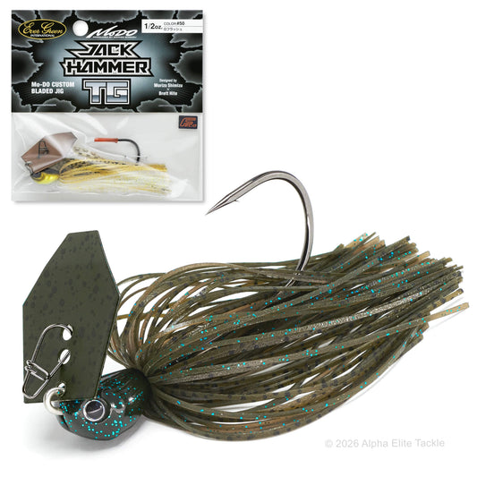 Close up of the evergreen tungsten jack hammer bladed jig and package on a white background.