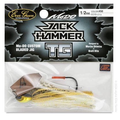 Close up of the evergreen tungsten jack hammer bladed jig in the color G Flash on a white background.