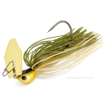 Fishing lure with gold and green colors on a white background