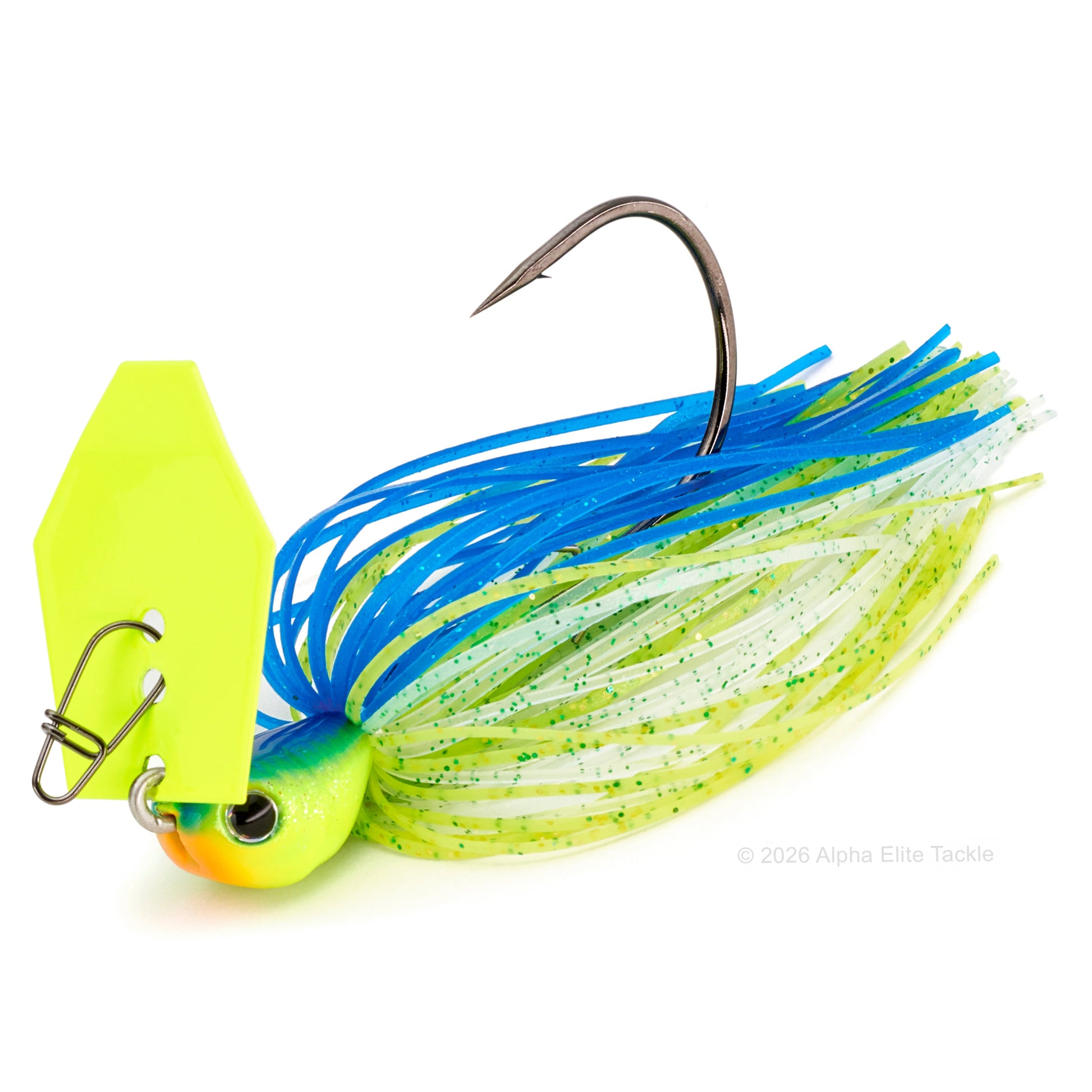 Fishing lure with blue and green details on a white background