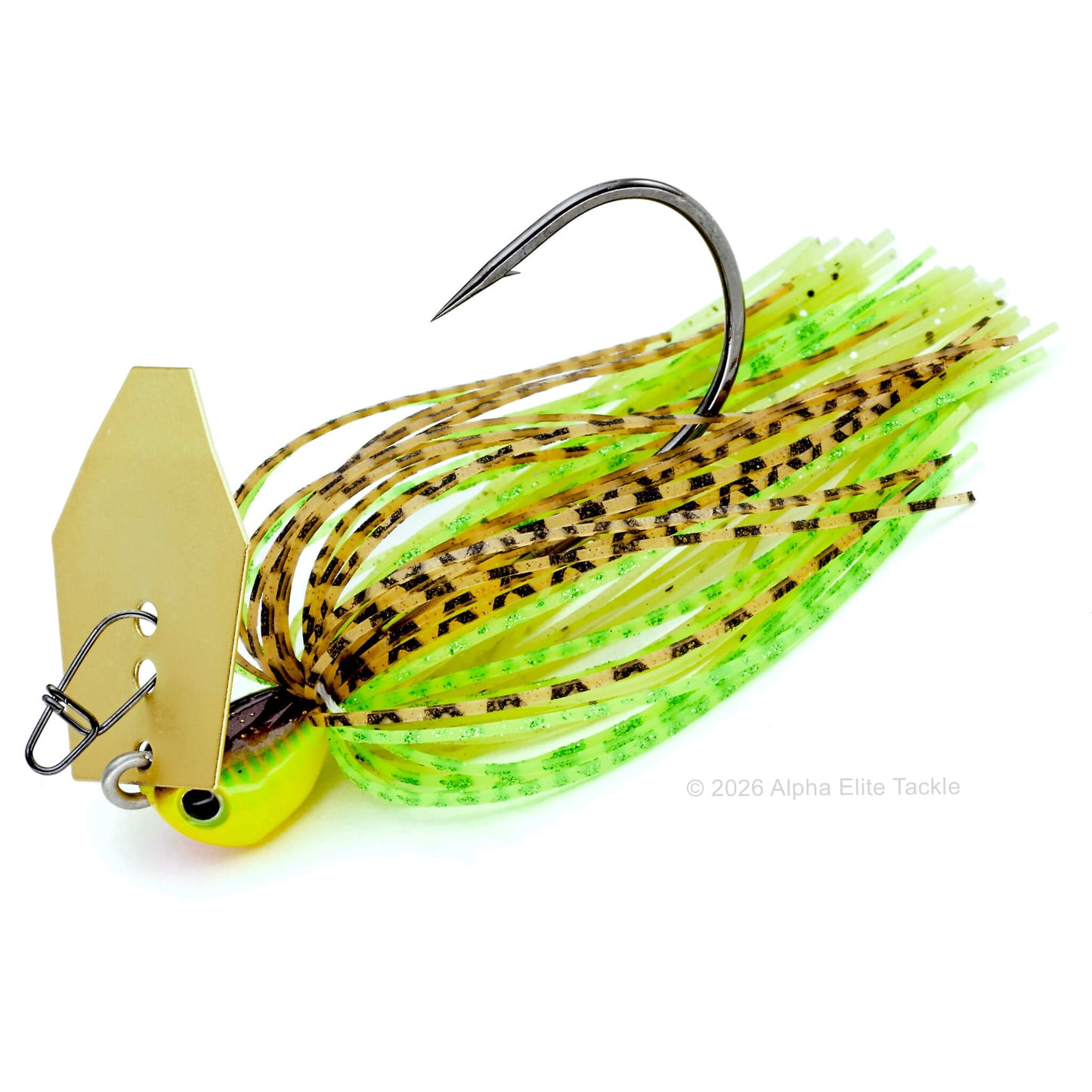 Evergreen jack hammer bladed jig with gold blade and chartreuse skirt