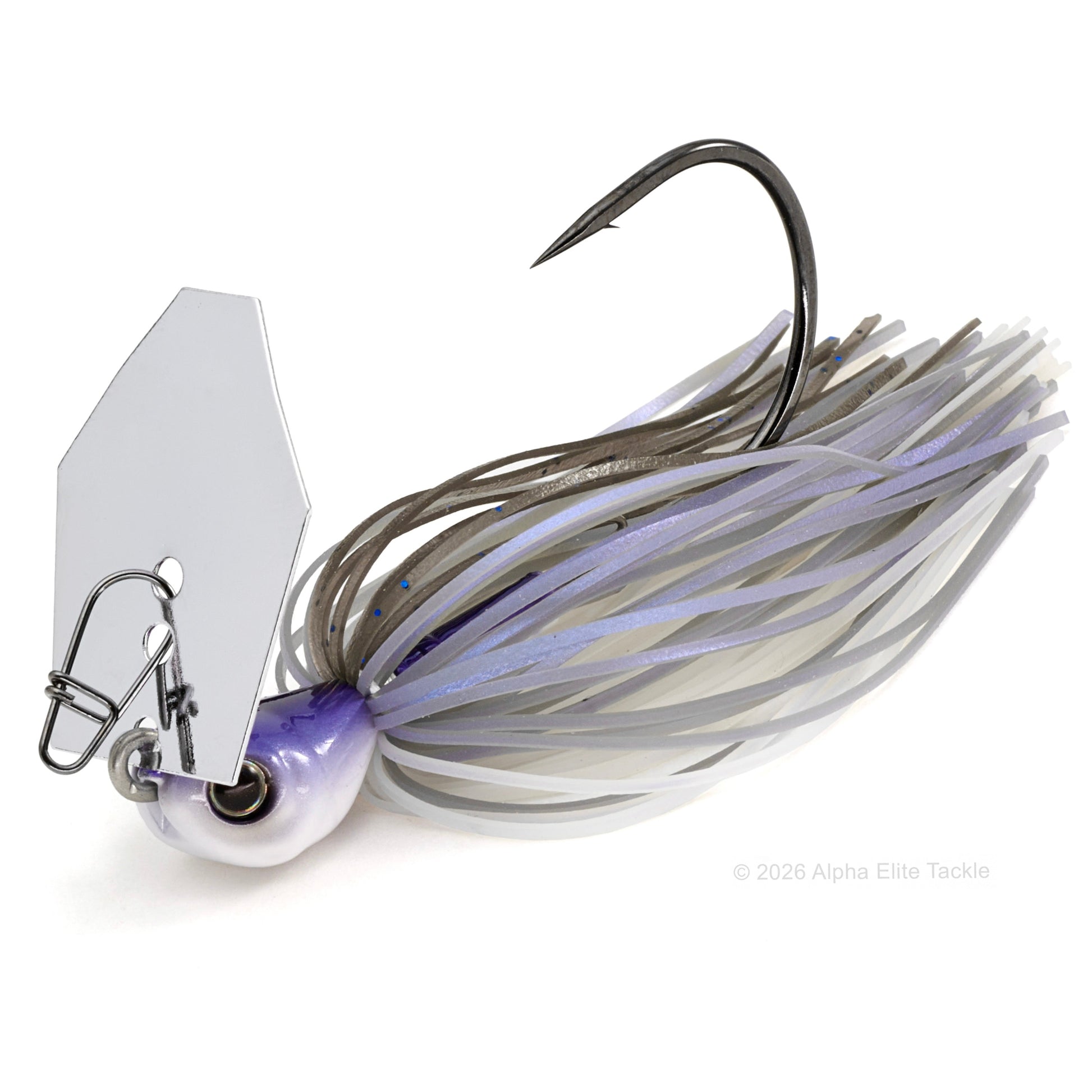 Fishing lure with a white and purple body on a white background