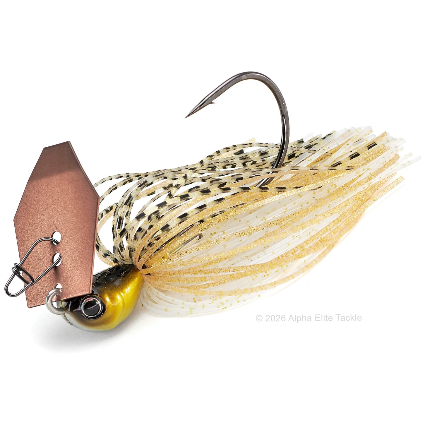 Close up of the evergreen tungsten jack hammer bladed jig in the color g flash on  a white background.