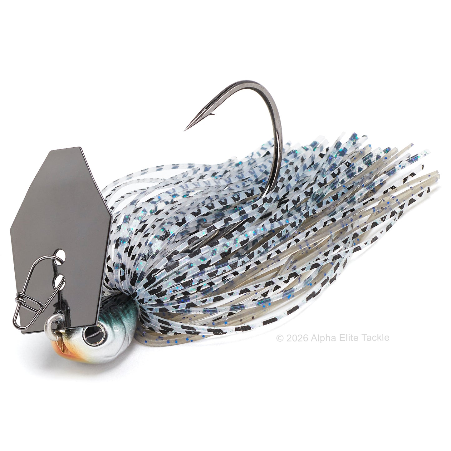 Close up of the evergreen tungsten jack hammer bladed jig in the color bluegill on a white background.