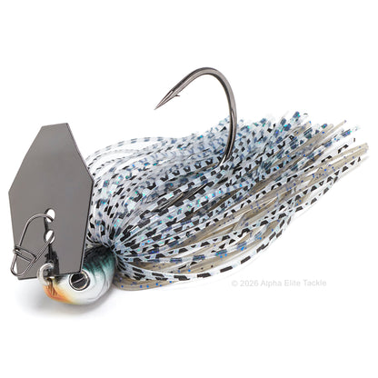 Close up of the evergreen tungsten jack hammer bladed jig in the color bluegill on a white background.