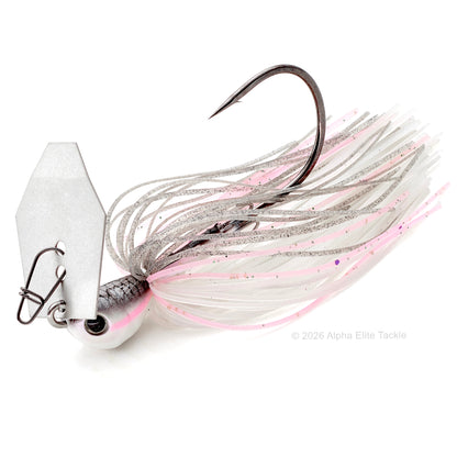 Close up of the evergreen tungsten jack hammer bladed jig in the color cold shad on a white background.