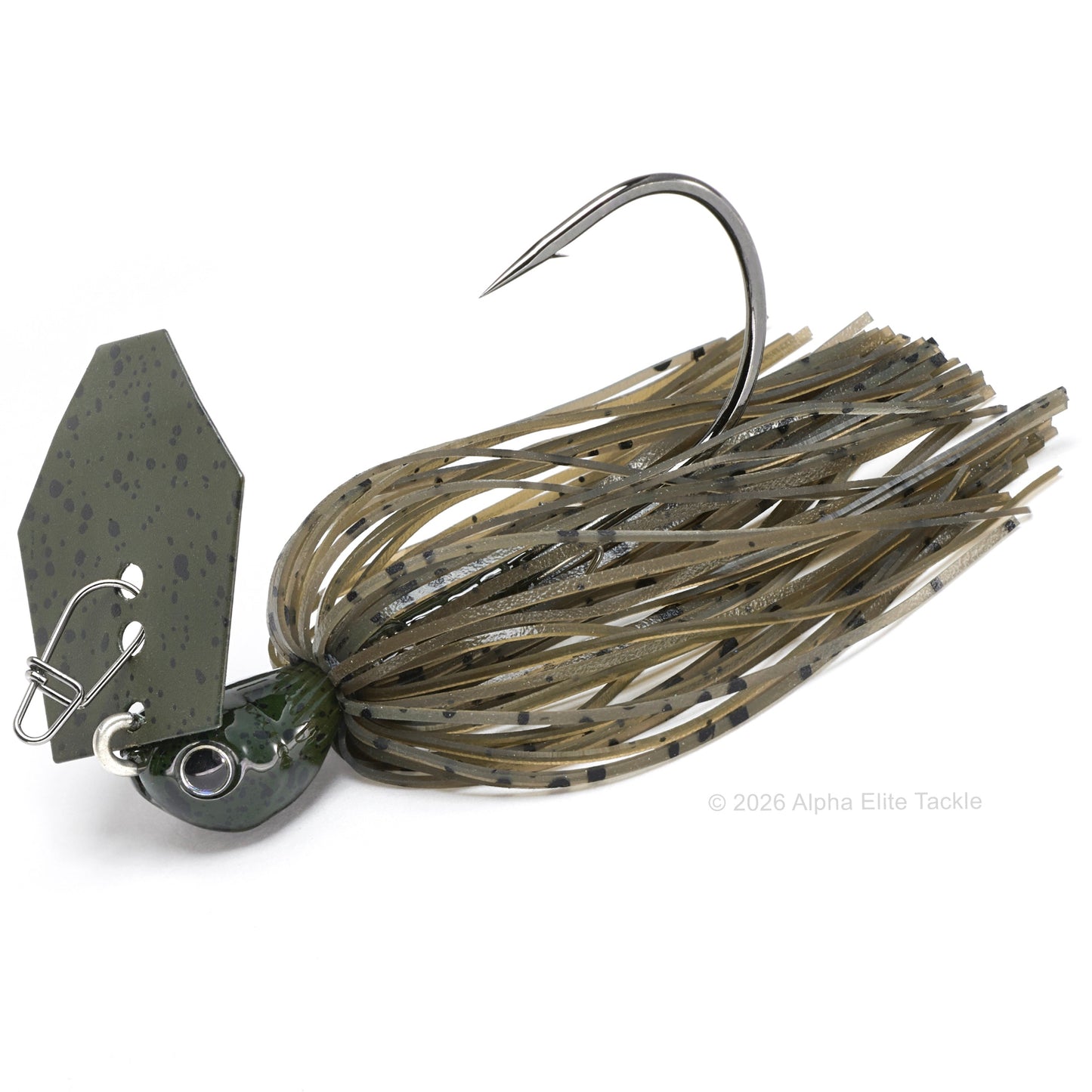 Close up of the evergreen tungsten jack hammer bladed jig in the color dark green pumpkin on a white background.