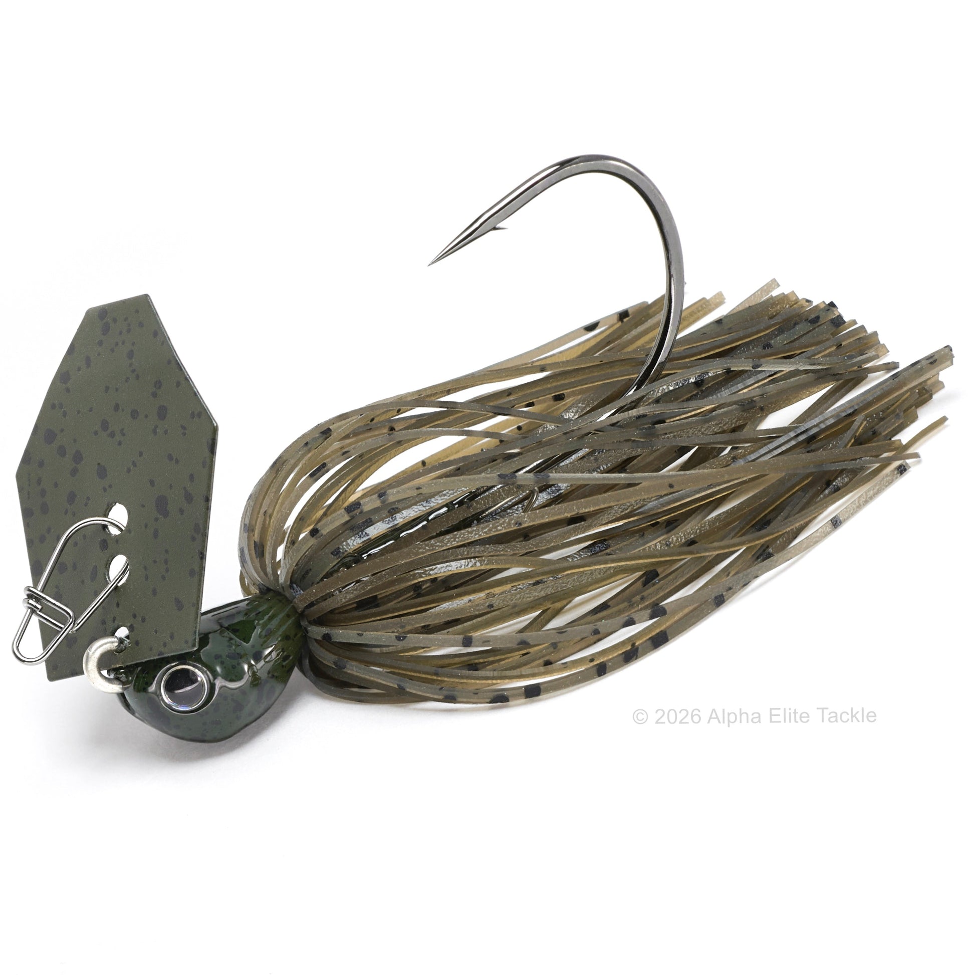 Close up of the evergreen tungsten jack hammer bladed jig in the color dark green pumpkin on a white background.
