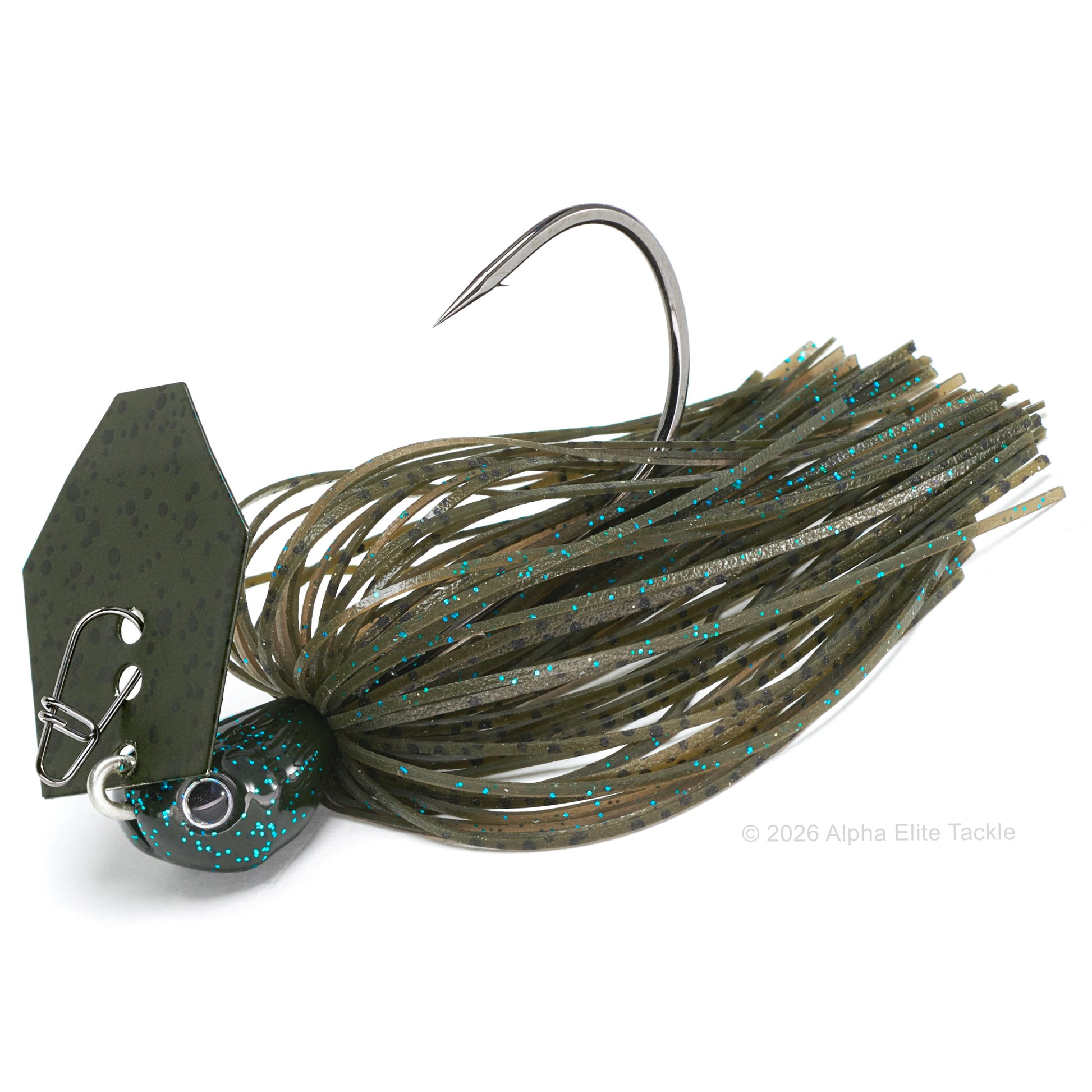 Close up of the evergreen tungsten jack hammer bladed jig in the color green pumpkin blue flake on a white background.