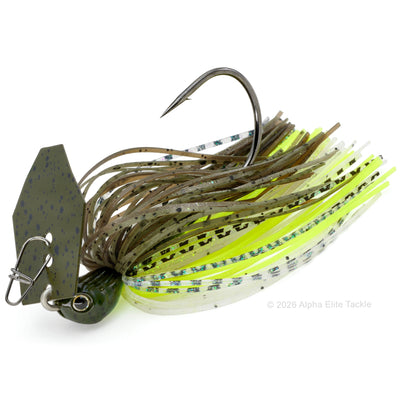Close up of the evergreen tungsten jack hammer bladed jig in the color green pumpkin chart on a white background.