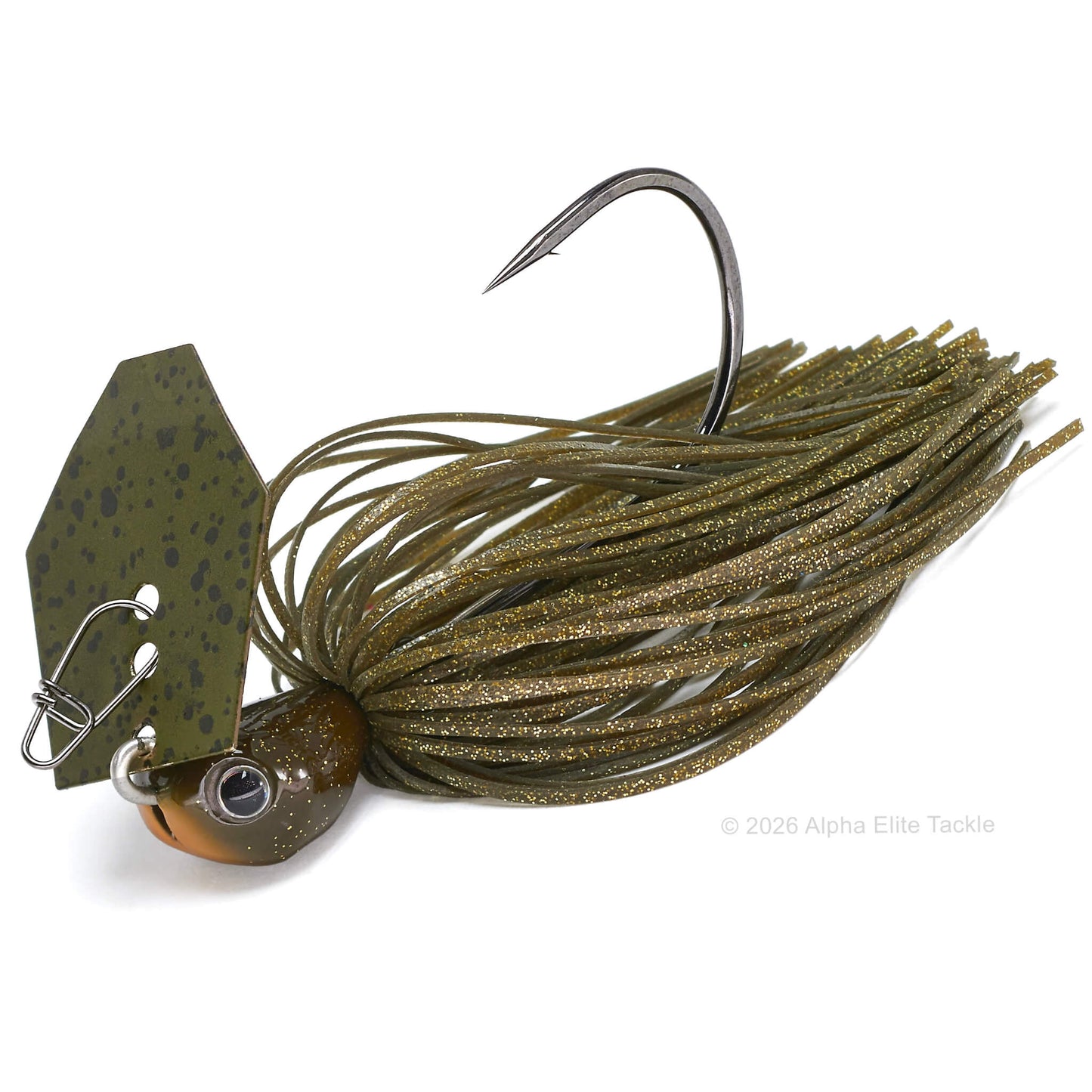Close up of the evergreen tungsten jack hammer bladed jig in the color pumpkin gold flake on a white background.